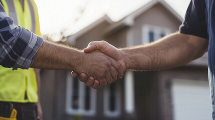 Smiling architect and construction worker shaking hands on-site, celebrating the completion of a significant milestone in a house remodeling project, with a partially renovated hom