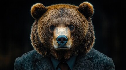 Obraz premium surreal portrait of a bear in a business suit with an intense stare set against a dark background blending animal and human elements in a thoughtprovoking conceptual piece