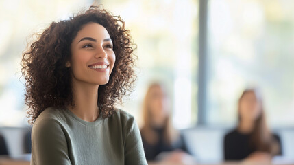 Obraz premium Joyful female teacher presenting a lesson with a bright and approachable demeanor, fostering a supportive and encouraging classroom atmosphere. photo