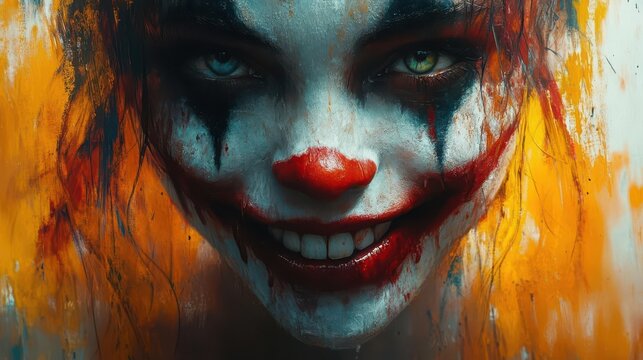 surrealistic portrait of woman concealing inner turmoil behind vibrant exaggerated smile contrasting elements of joy and sorrow reality and illusion dreamlike quality with symbolic imagery