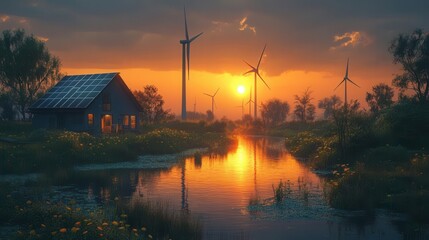 Fototapeta premium sustainable energy visualisation wind turbines and solar panels integrated into natural landscape soft sunset lighting ecofriendly concept art