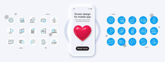 Phone mockup with 3d heart icon. Power, Charging station and Pin line icons. Pack of Chemistry lab, Milestone, Building energy icon. Buy car, Bike app, Charging time pictogram. Vector