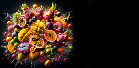 Dynamic explosion of vibrant fruit against a dark background.