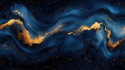 swirling abstract pattern deep navy blue and metallic gold fluid art technique high contrast luxurious wallpaper design