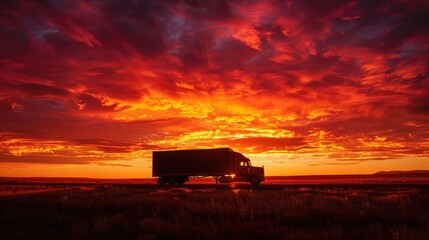 Fototapeta premium Dramatic sunset sky with the silhouette of a truck, symbolizing the journey and transportation essence..