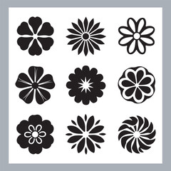 Set of logotype icons flowers Rose, Tulip, Orchid, Sunflower, Lily, Daisy, Daffodil, Jasmine, Lavender, Marigold, Peony, Chrysanthemum, Hibiscus, Poppy, Violet silhouettes in white background