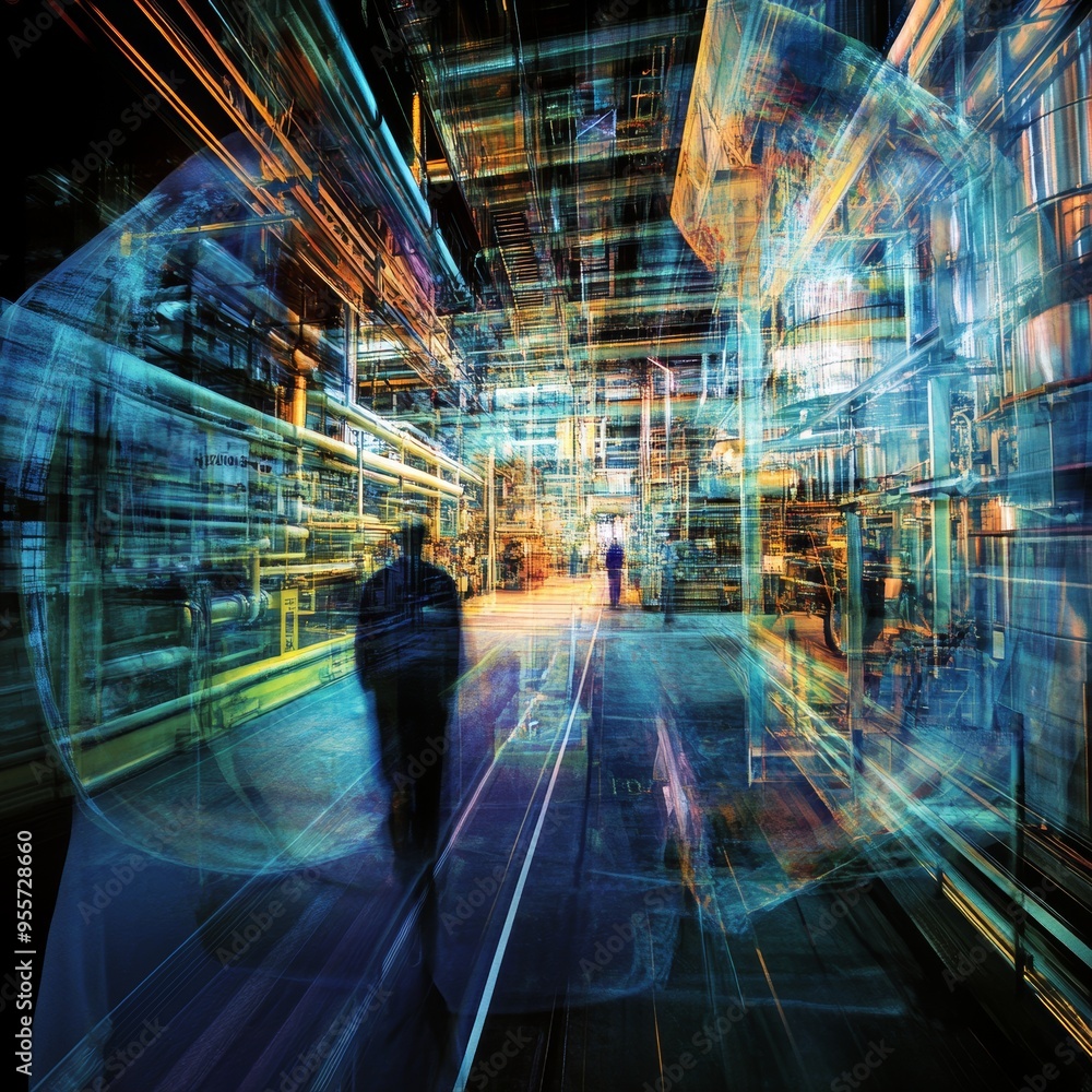 Poster walking into the digital future: a lone figure walks through a futuristic, abstract landscape of int