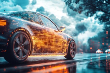 Neon City Reflections: Sports car streaks through rainy city, its sleek body reflecting vibrant neon lights in a futuristic fusion of speed and urban energy. 