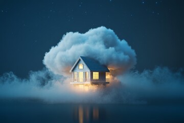 Dreamy Cloud Home: A whimsical cottage nestled in a fluffy cloud, bathed in warm light, evokes a sense of tranquility and escapism. The dreamy night sky, with twinkling stars, adds to the magical atmo
