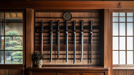 Naklejka premium Silent Guardians: A collection of katanas rests in a traditional Japanese home, their polished blades reflecting the serene garden beyond. 