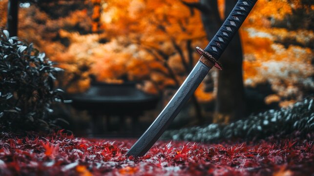 Katana's Autumn Rest: A lone katana sword rests amidst a bed of vibrant red maple leaves, the serene beauty of a Japanese garden in autumn providing a stark contrast to the weapon's silent power. 