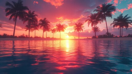 tropical beach scene at sunset with stylized palm tree silhouettes vibrant gradient sky blends warm oranges and pinks reflecting off the tranquil ocean surface for a dreamy summer ambiance
