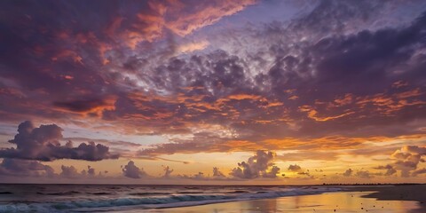 Obraz premium Beautiful landscape view of seaside in the evening, sun going down and waves hitting shores