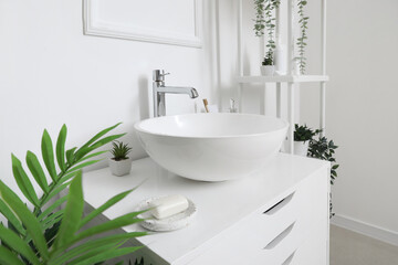Sink bowl and bath accessories on chest of drawers in bathroom with houseplants