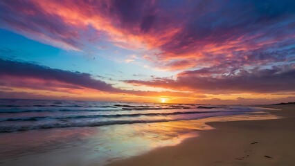Beautiful landscape view of seaside in the evening, sun going down and waves hitting shores