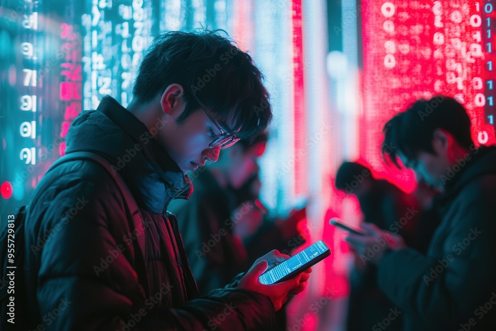 Aufkleber people with bowed heads are absorbed in their smartphones, surrounded by floating digital numbers an