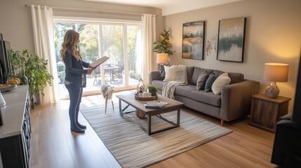 Fototapeta premium A woman in a blue outfit reviews her notes while standing in a well-lit living room with a cozy atmosphere during the day