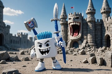 A playful character with a blue crown and sword strikes a fierce pose in front of a whimsical castle during bright daylight. Generative AI