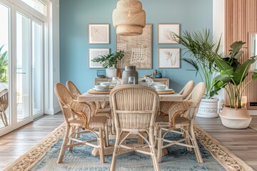 Obraz premium A blue and white room with a wicker dining table and chairs