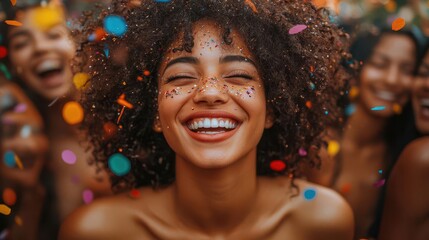 vibrant celebration scene with diverse group of people laughing and smiling surrounded by colorful confetti and festive decorations
