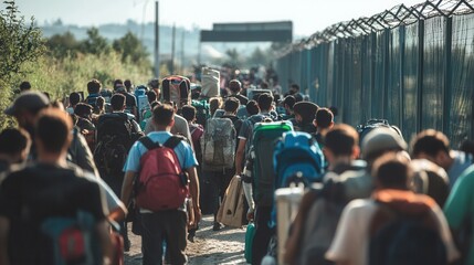 Large groups of people carry their belongings as they navigate a crowded border area, reflecting their struggle for safety and a better future. Generative AI