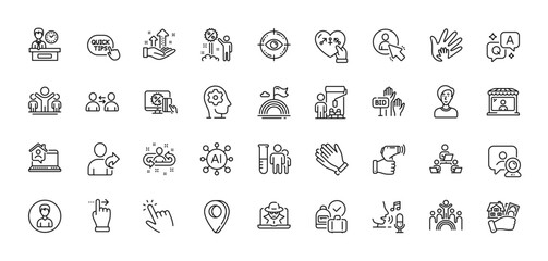 Microphone, Recruitment and Refer friend line icons pack. AI, Question and Answer, Map pin icons. Clapping hands, Video conference, Painter web icon. Communication, Eye target, Fraud pictogram. Vector