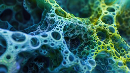 Detailed close-up of vibrant blue and green abstract organic structures, mimicking biological forms and textures at a microscopic level..