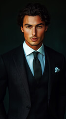 Elegant portrait of a man in formal attire, nice suit and tie, ideal for corporate branding or promotional materials for upscale events.