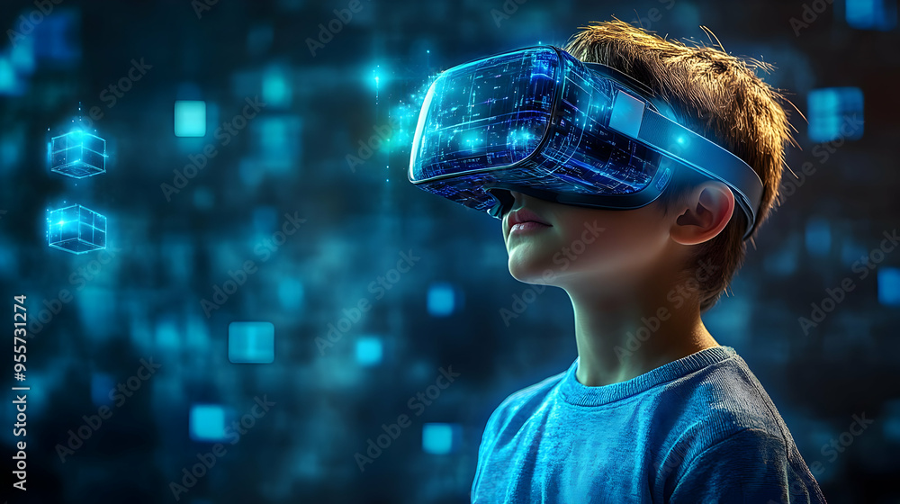 Poster a child experiencing virtual reality with a futuristic backdrop.