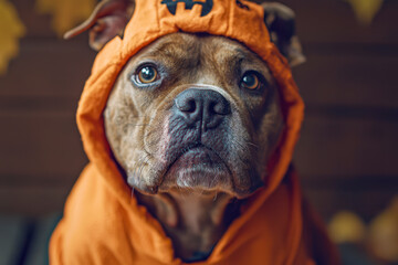 American Bully dog dressed in a costume for the celebration of Halloween.