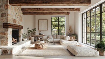 banner mockup featuring a cozy mediterranean hall interior with stone walls, wooden beams, and a fireplace, emphasizing natural elements