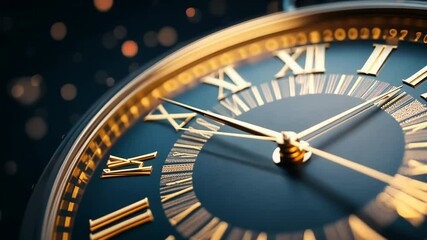 Closeup of elegant gold clock face nearing midnight, New Year's Eve concept. Luxury timepiece with Roman numerals against dark background with bokeh lights