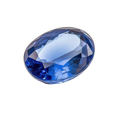 A close-up of a sparkling blue gemstone, isolated on a black background.  The gemstone has a classic oval shape with many facets.