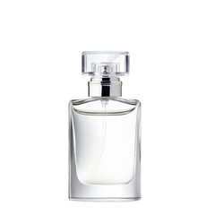 A glass bottle of perfume with a silver cap and sprayer. The bottle is clear and empty.