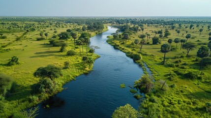 Aerial View of a Winding River in a Lush Green Landscape