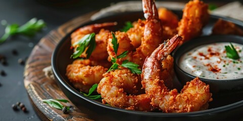 Fototapeta premium Crispy Fried Shrimp with Creamy Avocado Sauce