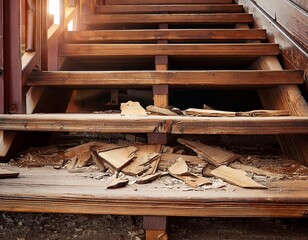 Obraz premium Weathered wooden stairs with damaged planks and debris in a rustic setting during the afternoon light. Generative AI