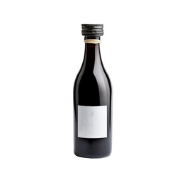 A small glass bottle of red wine with a blank label. The bottle is isolated on a black background.