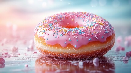 vibrant sprinkles macro shot on glistening donut glaze extreme closeup highlighting texture colors and reflection playful composition with depth of field