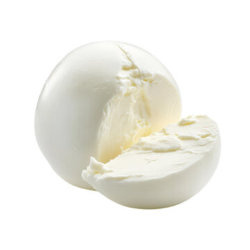 A whole ball of fresh mozzarella cheese with a slice cut off, isolated on a white background.