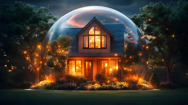 A cozy house protected by a glowing dome amidst a serene landscape.