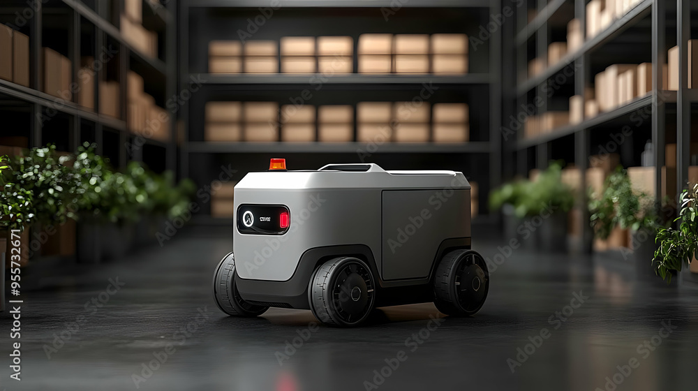 Poster a delivery robot in a warehouse setting for logistics operations.