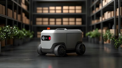 A delivery robot in a warehouse setting for logistics operations.