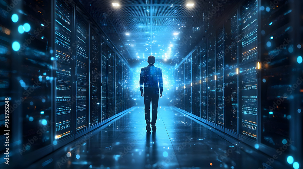 Poster a figure walking through a futuristic data center with glowing effects.