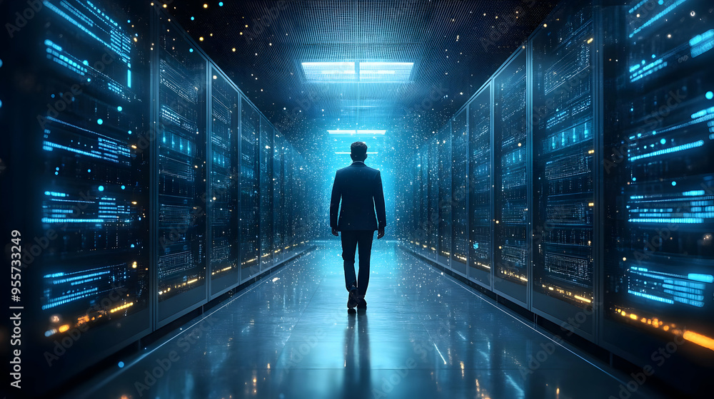 Poster a figure walks through a high-tech data center illuminated by blue light.