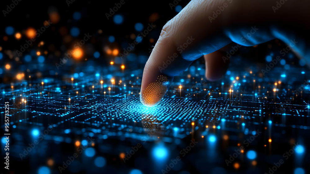 Aufkleber a finger touches a digital interface with glowing data points.