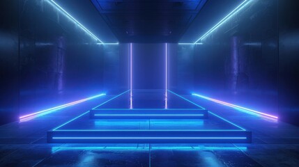 Futuristic blue glowing platform with sleek modern design, illuminated by neon lights in a dark environment, ideal for technology concepts..