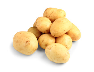 Heap of raw baby potatoes on white background