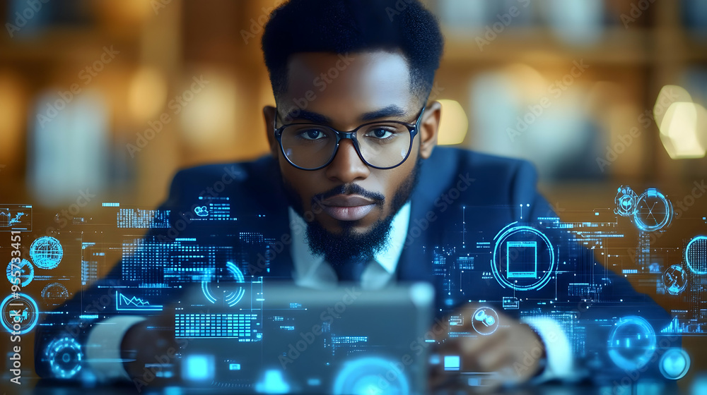 Aufkleber a focused individual analyzing data on a tablet with digital graphics.