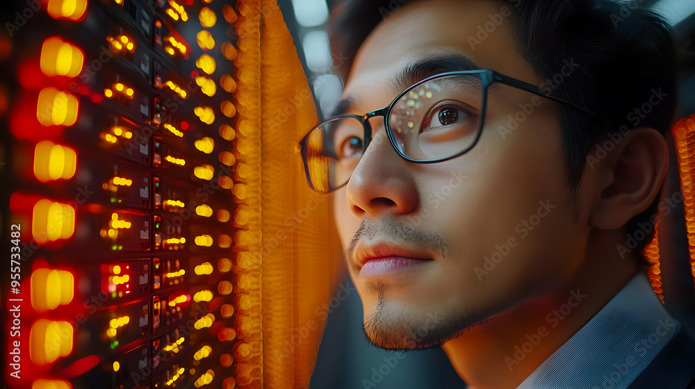 Poster a focused individual observing a data server with glowing lights.